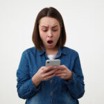 Dazed young lovely short haired brunette female keeping her mouth wide opened while reading unexpected news on her mobile phone, isolated over white background