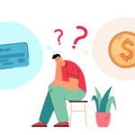 Male cartoon character thinking about credit card and coin