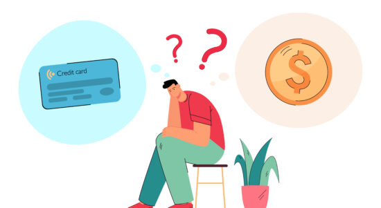 Male cartoon character thinking about credit card and coin